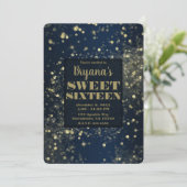 Blauw & Goud Sparkling Lights Glam Sweet 16 Party Kaart (Staand voorkant)