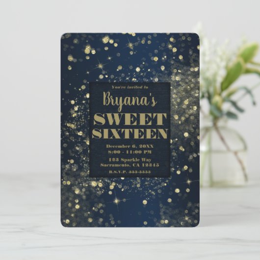 Blauw & Goud Sparkling Lights Glam Sweet 16 Party Kaart (Staand voorkant)