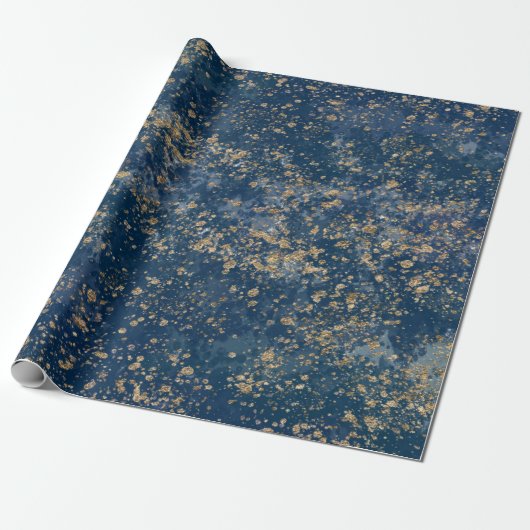 Blauw & Goud Spatten Glam Modern Cadeaupapier (Uitgerold)