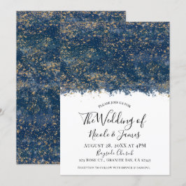 Blauw Goud Spatten Moderne Glamour Huwelijk Trouwe Kaart