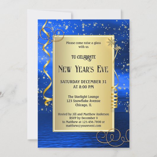 Blauw goud sprankelende oudejaarsavond kaart (Voorkant)