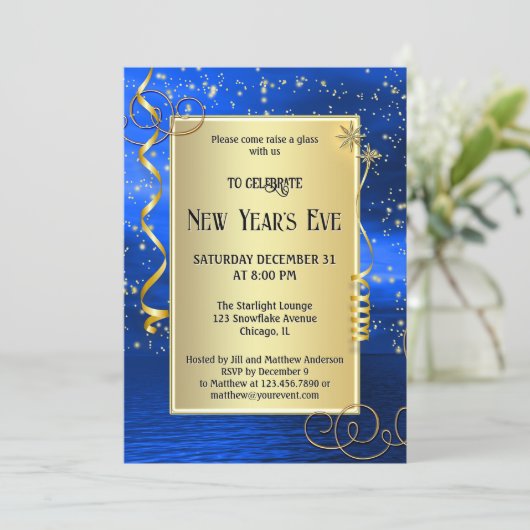 Blauw goud sprankelende oudejaarsavond kaart (Staand voorkant)
