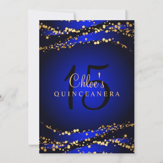 Blauw & Goud Stardust Quinceañera Uitnodiging (Voorkant)