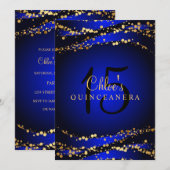 Blauw & Goud Stardust Quinceañera Uitnodiging (Voorkant / Achterkant)