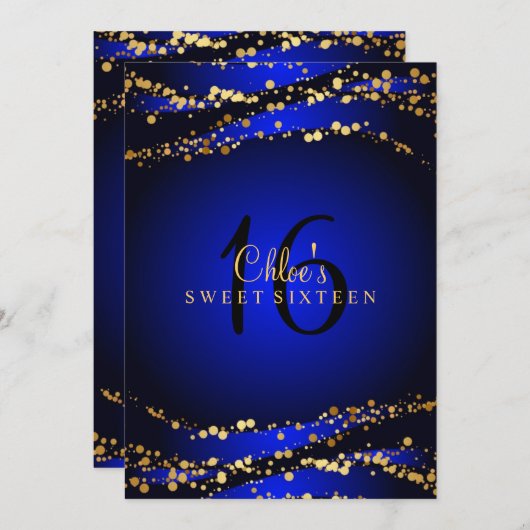 Blauw & Goud Stardust | Sweet 16 Uitnodiging (Voorkant / Achterkant)