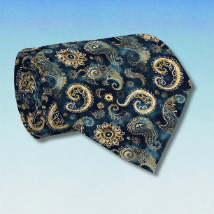 Blauw Goud Steampunk Tandwielen Paisley Elegant Stropdas