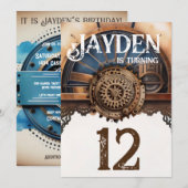 Blauw Goud Steampunk Verjaardagsfeest Kaart (Voorkant / Achterkant)