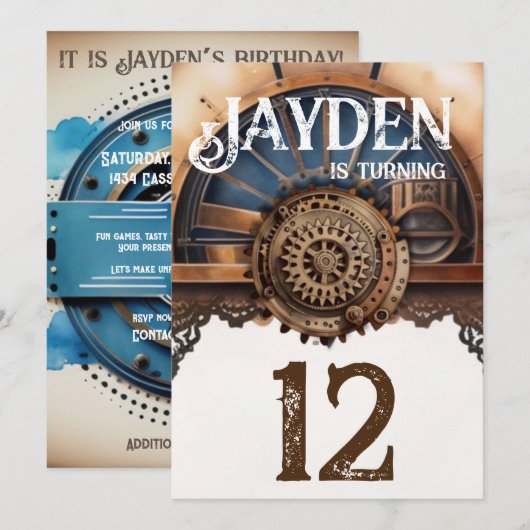 Blauw Goud Steampunk Verjaardagsfeest Kaart (Voorkant / Achterkant)