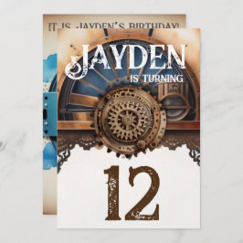 Blauw Goud Steampunk Verjaardagsfeest Kaart