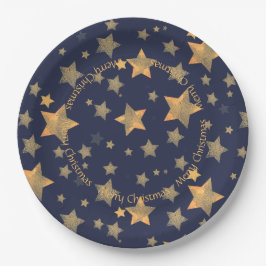 Blauw Goud Sterpatroon Elegant Vintage Kerstmis Papieren Bordje
