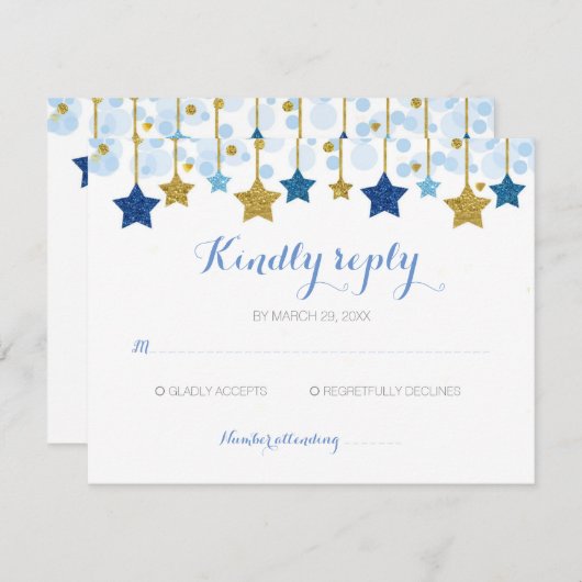 Blauw & Goud sterren fonkel fonkel RSVP kaart (Voorkant / Achterkant)