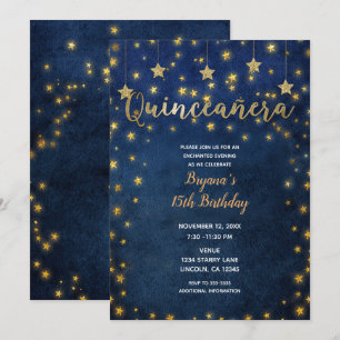 Blauw & Goud sterren Hemel Quinceañera-feest Kaart