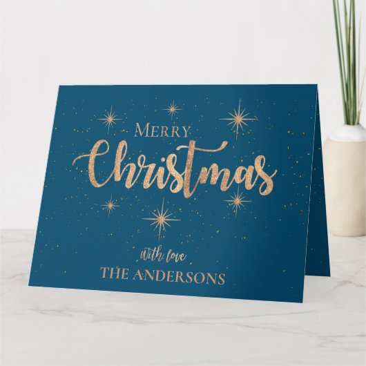 Blauw Goud Sterren Typografie Naam Vrolijk Kerstmi Kaart (Voorkant)