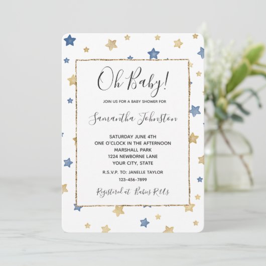 Blauw Goud Sterren Wit Baby shower Kaart (Staand voorkant)