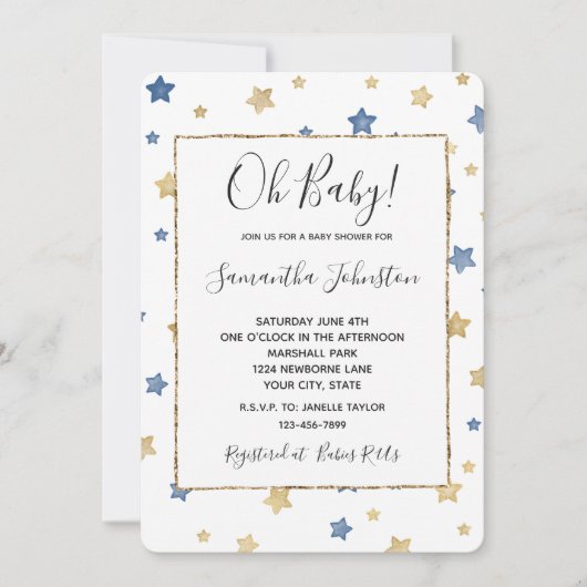 Blauw Goud Sterren Wit Baby shower Kaart (Voorkant)