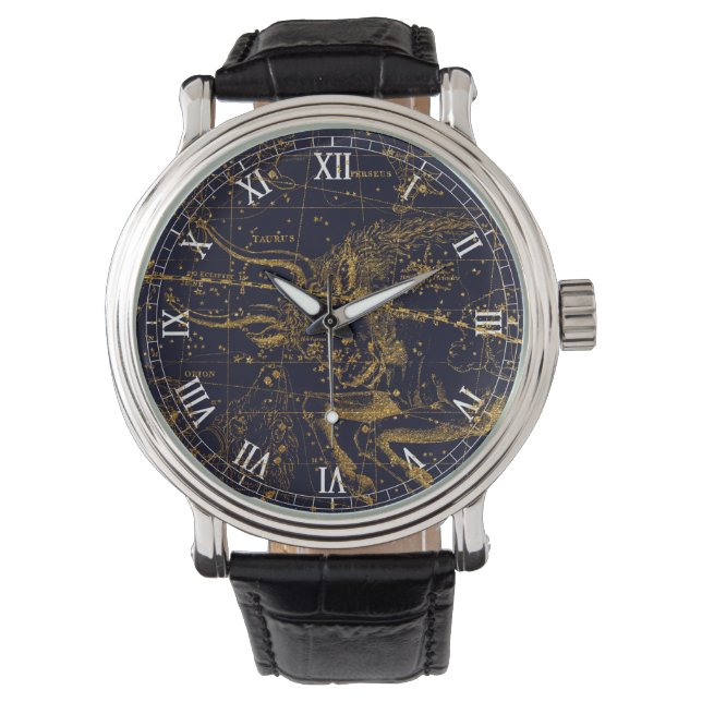  Blauw Goud Stier Dierenriem Constellatie Horloge (Voorkant)