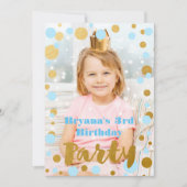 Blauw & Goud Stippen Verjaardagsfeest Fotouitnodig Kaart (Voorkant)