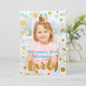 Blauw & Goud Stippen Verjaardagsfeest Fotouitnodig Kaart (Staand voorkant)