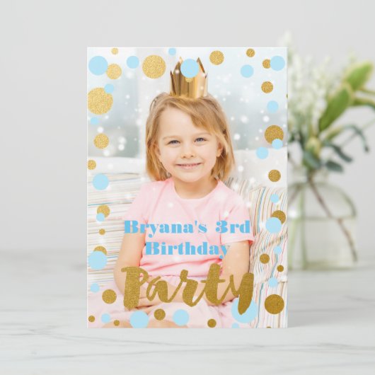 Blauw & Goud Stippen Verjaardagsfeest Fotouitnodig Kaart (Staand voorkant)
