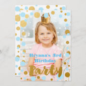 Blauw & Goud Stippen Verjaardagsfeest Fotouitnodig Kaart (Voorkant / Achterkant)