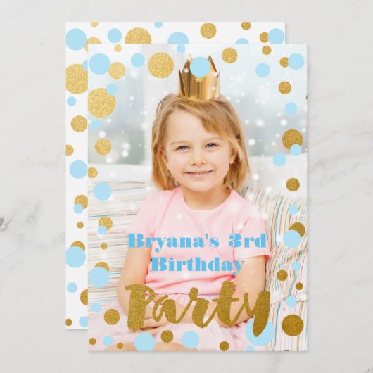 Blauw & Goud Stippen Verjaardagsfeest Fotouitnodig Kaart (Voorkant / Achterkant)
