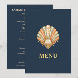 Blauw Goud Strand Bruiloft Menu Schelp 