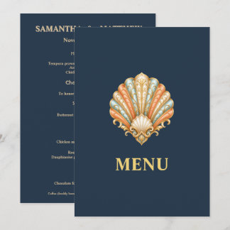 Blauw Goud Strand Bruiloft Menu Schelp 