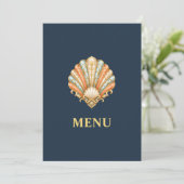 Blauw Goud Strand Bruiloft Menu Schelp  (Staand voorkant)