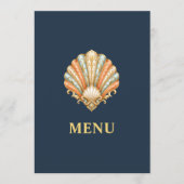 Blauw Goud Strand Bruiloft Menu Schelp  (Voorkant)