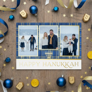 Blauw & Goud Tartan Plaid Happy Hanukkah Foto Folie Feestdagenkaart