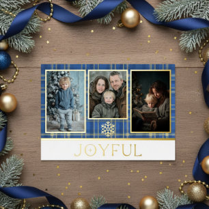 Blauw & Goud Tartan Plaid Kerst Vrolijke Foto Folie Feestdagenkaart