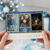 Blauw & Goud Tartan Plaid Seizoen Groeten Foto Folie Feestdagenkaart