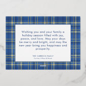 Blauw & Goud Tartan Plaid Seizoen Groeten Foto Folie Feestdagenkaart (Achterkant)