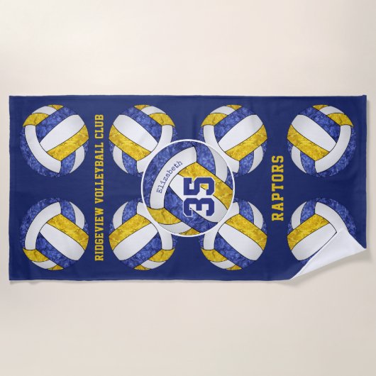 Blauw Goud Team Kleuren Naam Girly Volleyballs Strandlaken (Voorkant)