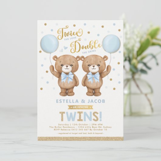 Blauw Goud Teddy Bear Balloon Boy Twin Baby shower Kaart (Staand voorkant)