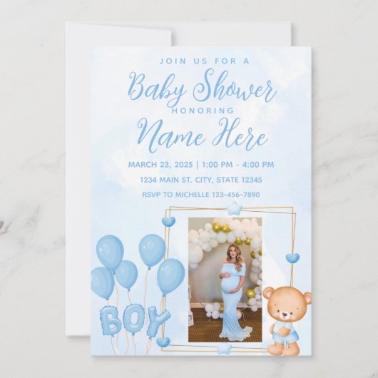 Blauw & Goud Teddybeer Babyshower Uitnodiging (Voorkant)