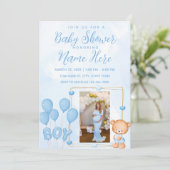 Blauw & Goud Teddybeer Babyshower Uitnodiging (Staand voorkant)