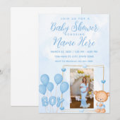 Blauw & Goud Teddybeer Babyshower Uitnodiging (Voorkant / Achterkant)