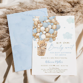 Blauw Goud Teddybeer Hete Luchtballon Baby shower Kaart