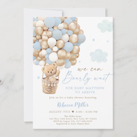 Blauw Goud Teddybeer Hete Luchtballon Baby shower Kaart (Voorkant)