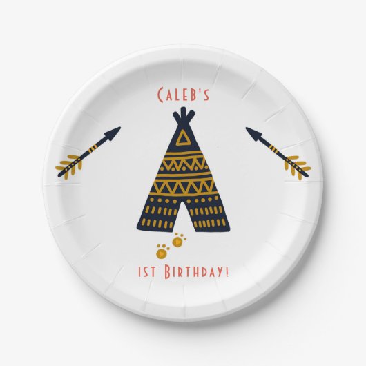 Blauw & Goud Tepee Boho Alle Leeftijd Verjaardagsf Papieren Bordje (Voorkant)