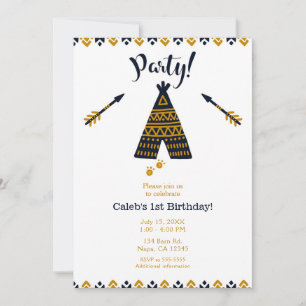 Blauw & Goud Tepee Boho Modern Verjaardagsfeest Kaart