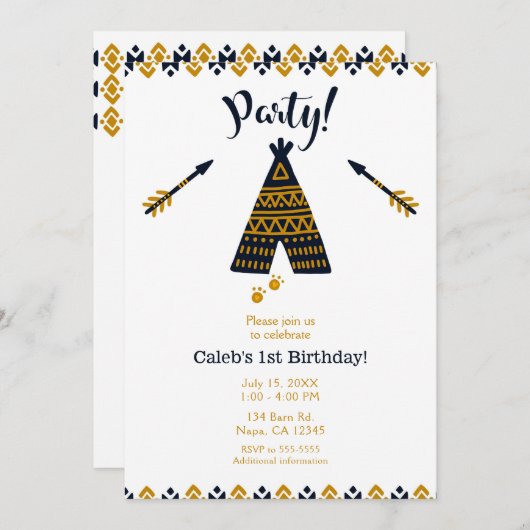 Blauw & Goud Tepee Boho Modern Verjaardagsfeest Kaart (Voorkant / Achterkant)