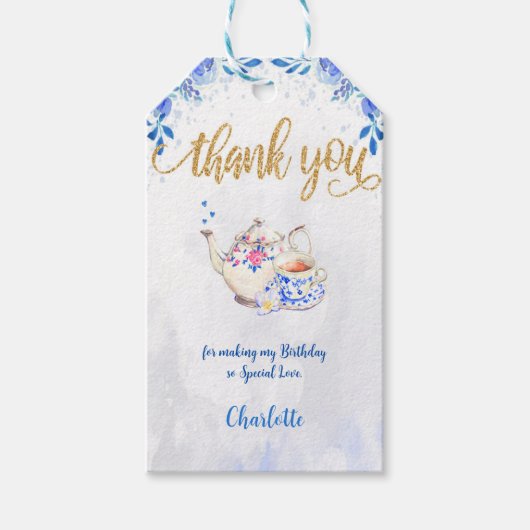 Blauw & Goud theeparty cadeautags  Cadeaulabel (Voorkant)