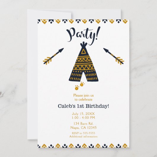 Blauw & Goud Tipi Boho Moderne Verjaardagsfeestje Kaart (Voorkant)