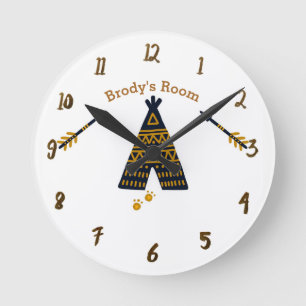 Blauw & Goud Tipi Boho Rustiek Gepersonaliseerde N Ronde Klok