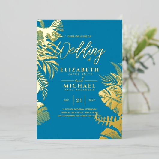 Blauw Goud Tropisch Blad Bestemming Bruiloft Folie Uitnodiging (Staand Voorkant)