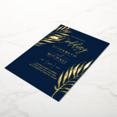 Blauw Goud Tropisch Blad Bestemming Bruiloft Folie Uitnodiging (Gedraaid)