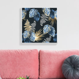 Blauw Goud Tropisch Palmblad Patroon Kunst Canvas Afdruk