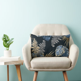 Blauw Goud Tropisch Palmblad Patroon Kunst Kussen